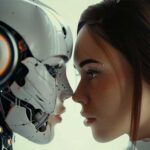 beautiful woman face to face with an android futurism 22c